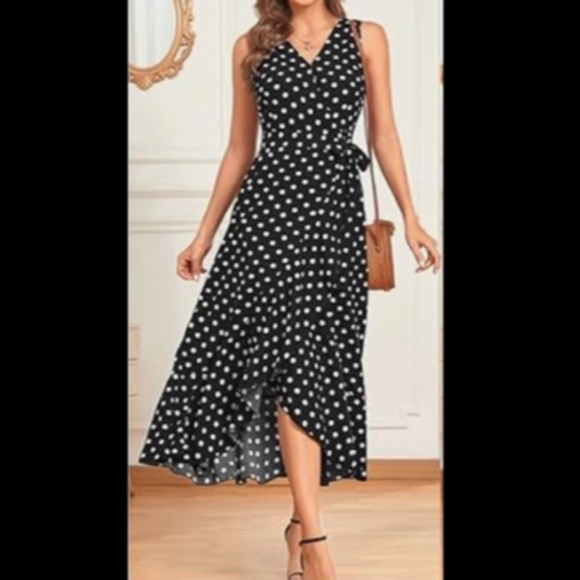 Dokuritu Polka Dot Midi Ruffled Wrap Dress Black/White Size L - NWT - Picture 1 of 16